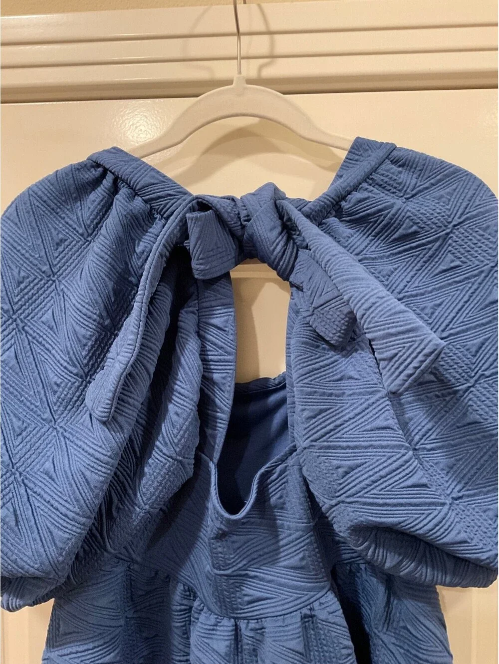 Free People Violet Dress Blue Textured Matelasse Puff Sleeve Open Bow Back Sz S